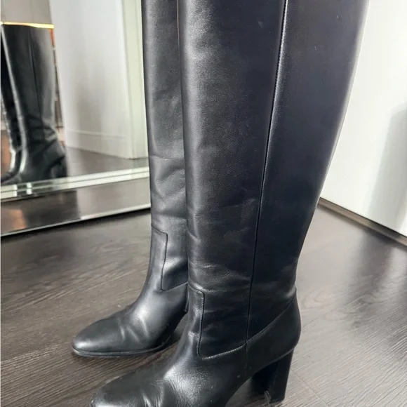Zara Black Heeled Knee-High Leather Boots - Picture 1 of 9